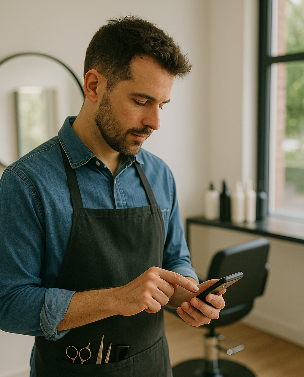 Peluquero consultando su agenda desde el móvil en su salón de belleza